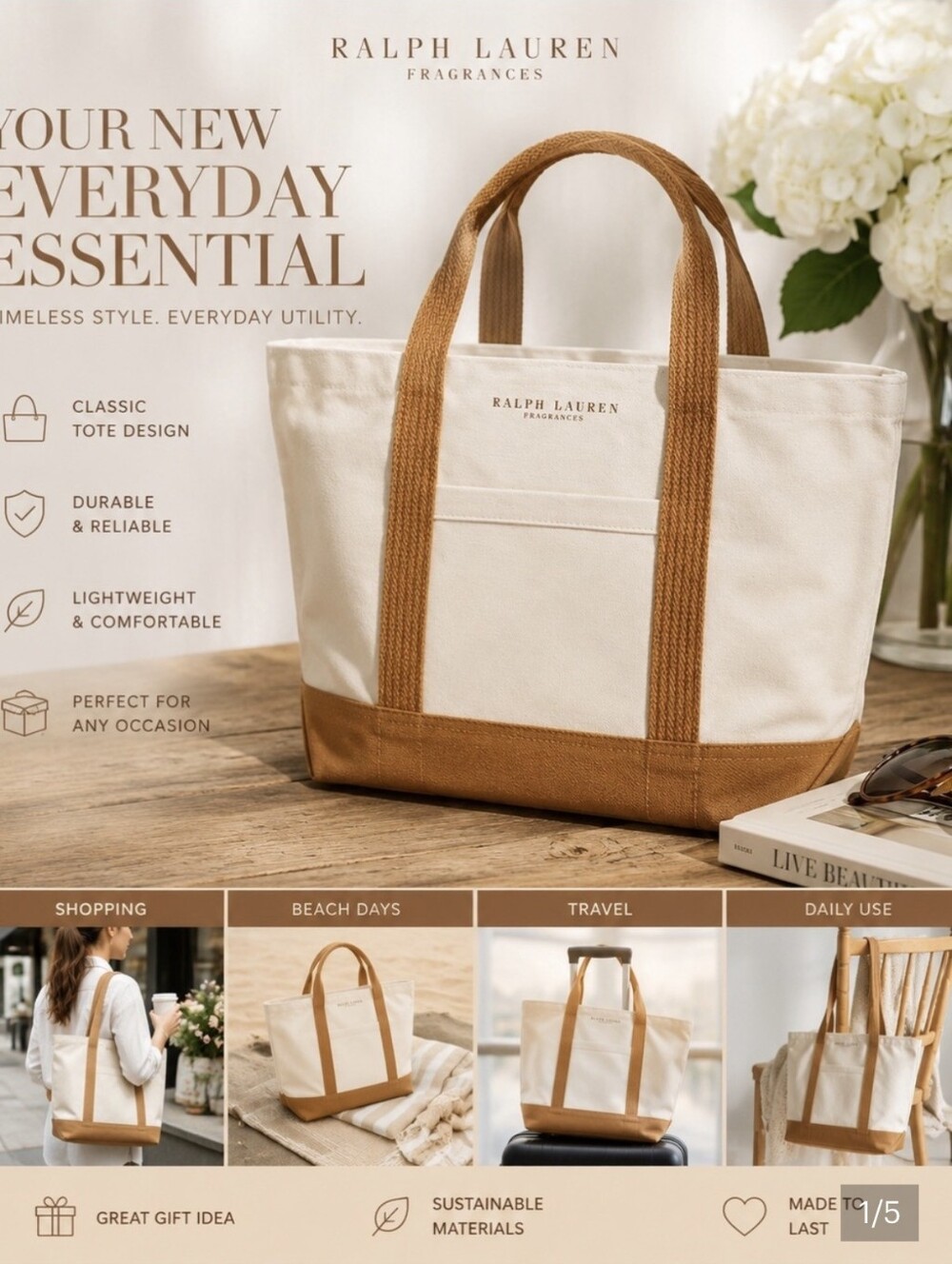 Ralph Lauren Canvas Tote in Cream with Rust-Orange Trim